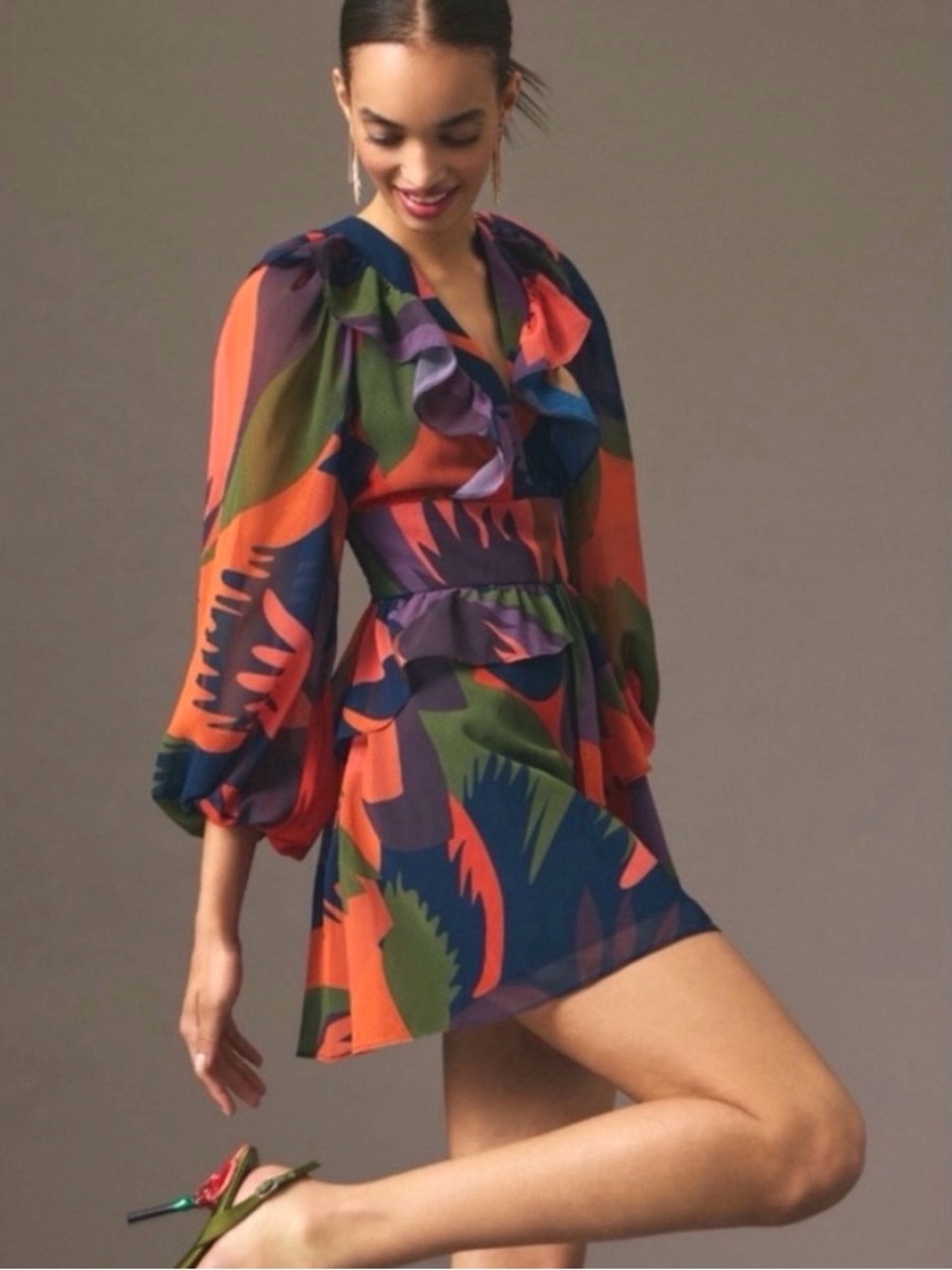 Hutch for Anthropologie Peplum Chiffon Mini Dress Romper Shorts Abstract Large - Picture 14 of 14